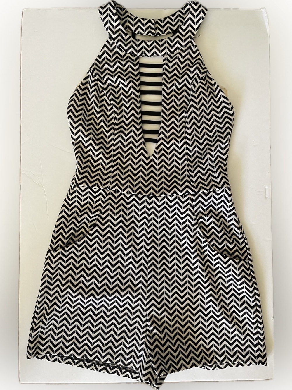 Black & White Chevron Halter Romper with Striped V-Inset